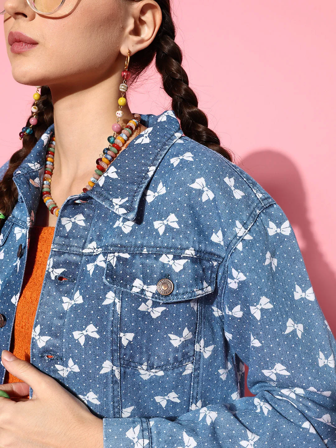 Women Blue Bow Print Denim Jacket