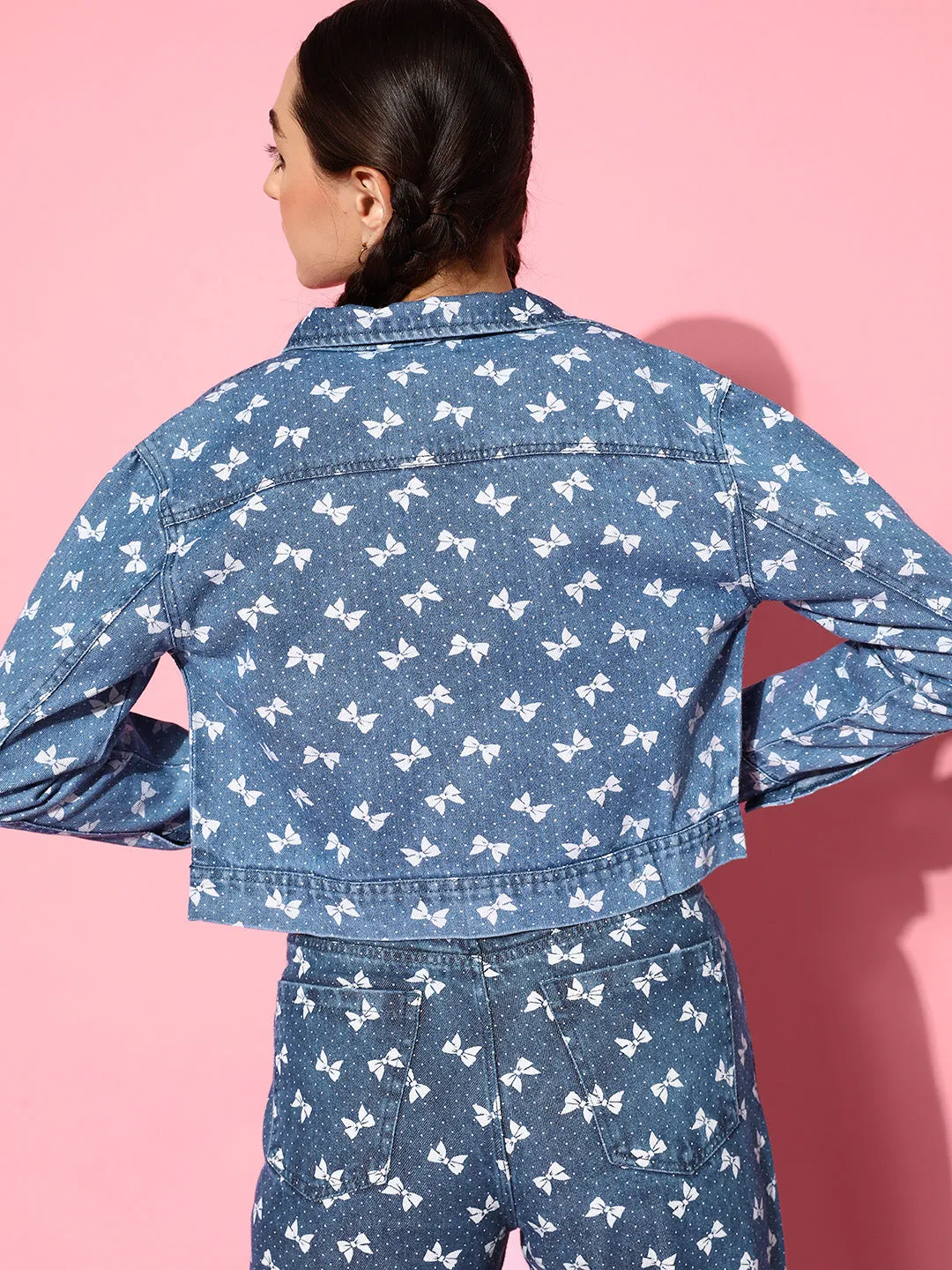 Women Blue Bow Print Denim Jacket