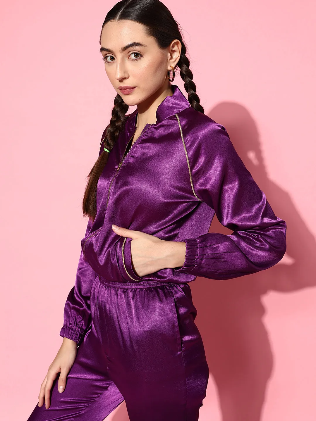 Women Purple Lycra Satin Constrast Piping Bomber Jacket