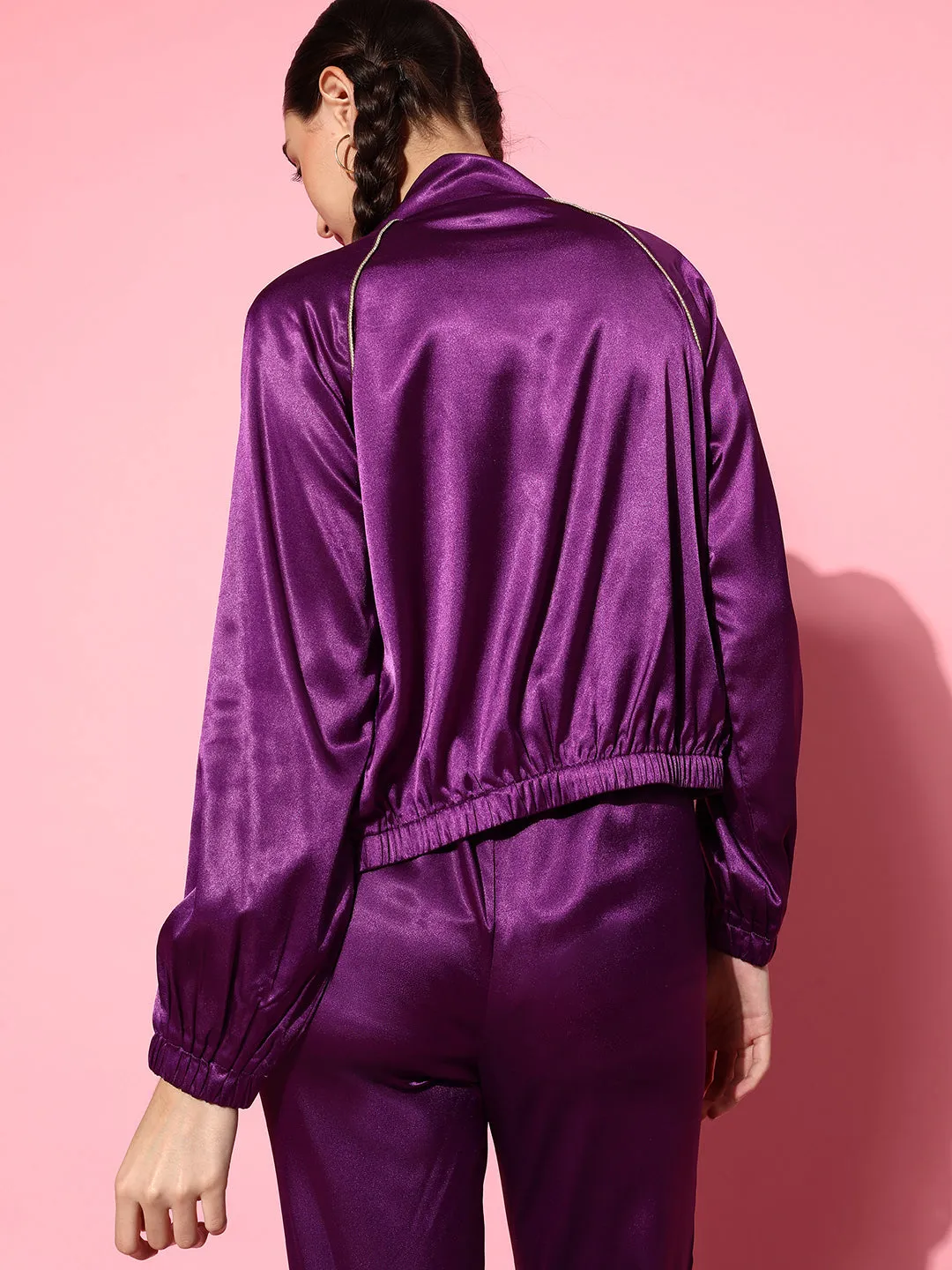 Women Purple Lycra Satin Constrast Piping Bomber Jacket