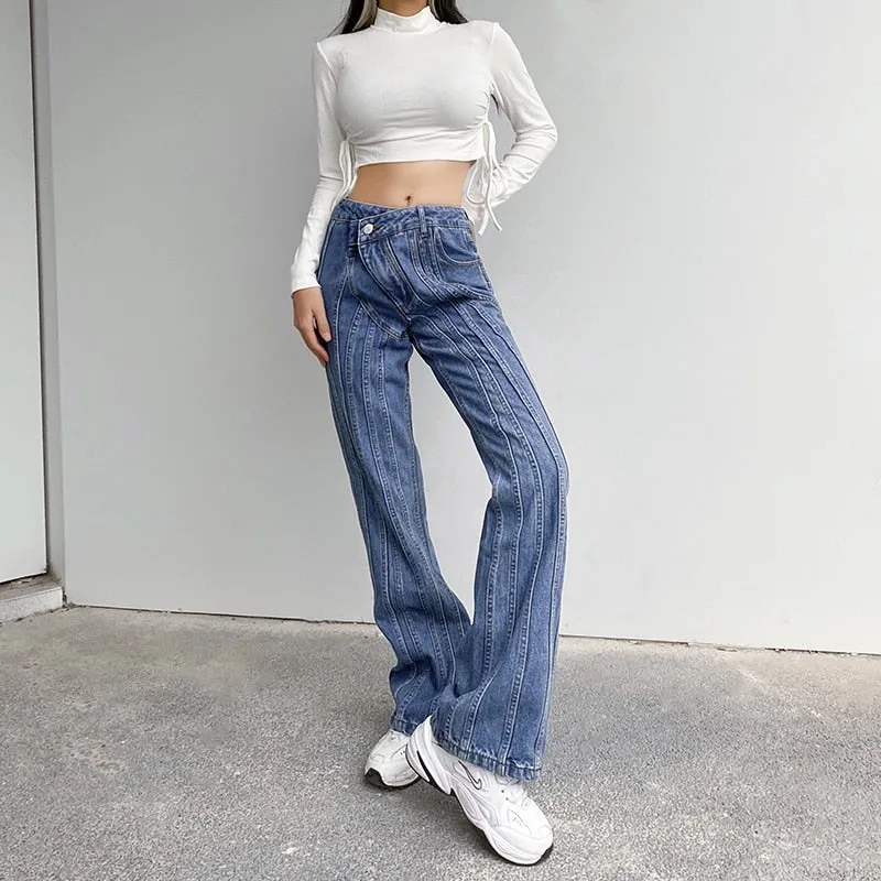 Women's Asymmetrical Stripe Low Waist Jeans Vintage Straight Denim Pants