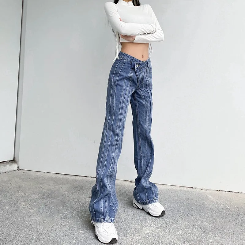 Women's Asymmetrical Stripe Low Waist Jeans Vintage Straight Denim Pants