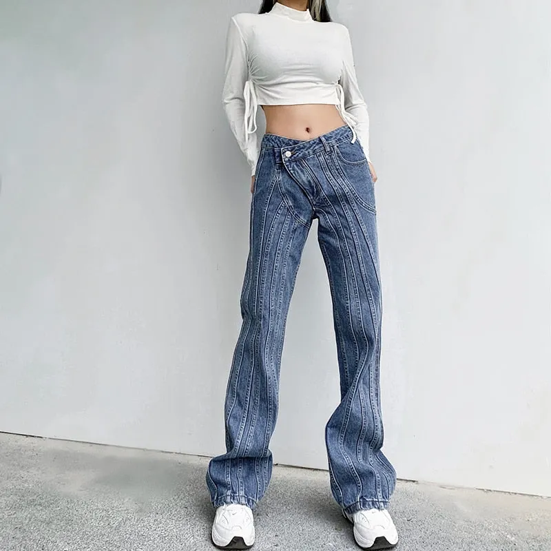 Women's Asymmetrical Stripe Low Waist Jeans Vintage Straight Denim Pants