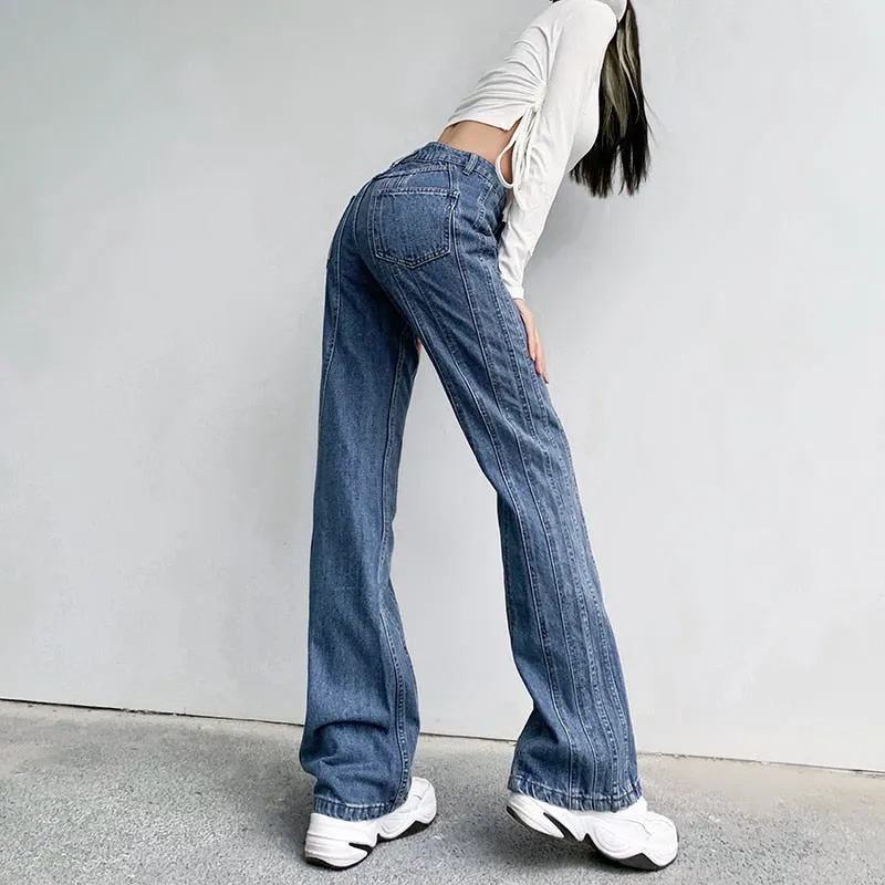 Women's Asymmetrical Stripe Low Waist Jeans Vintage Straight Denim Pants