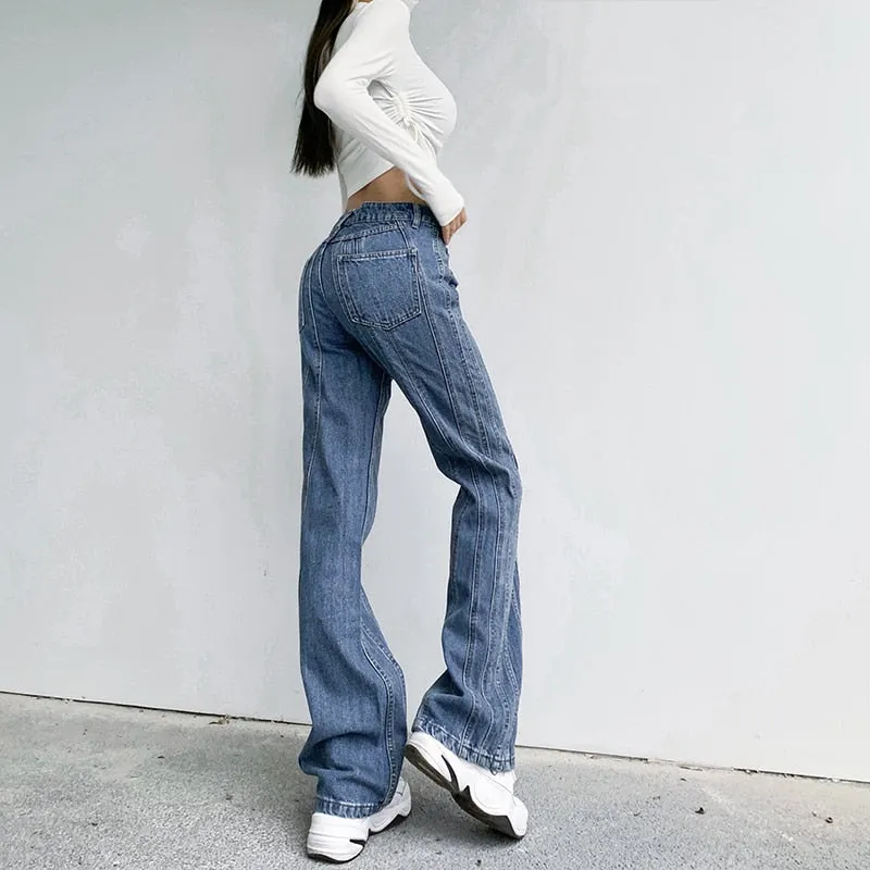 Women's Asymmetrical Stripe Low Waist Jeans Vintage Straight Denim Pants