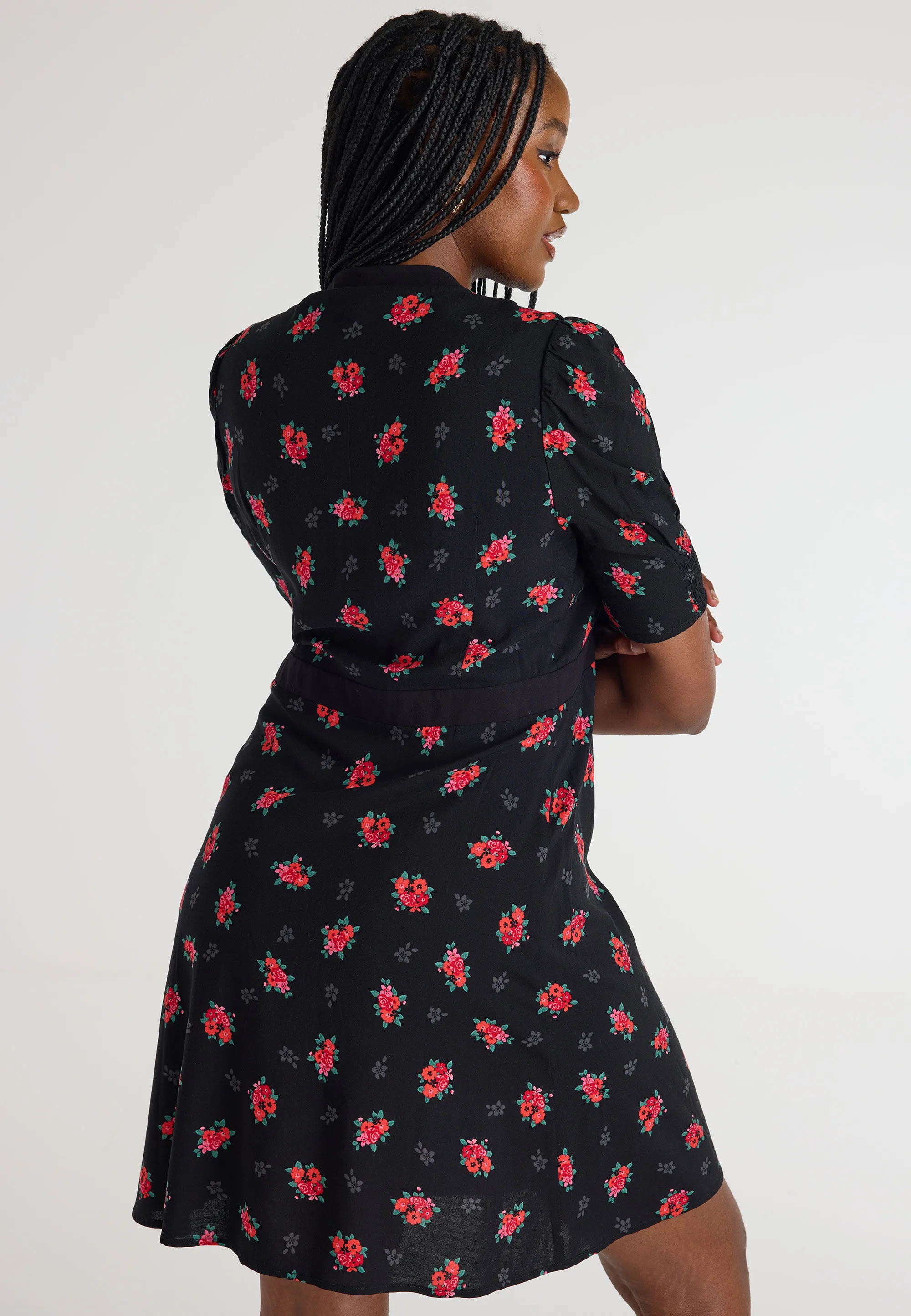 Womens Black Floral Contrast Dress