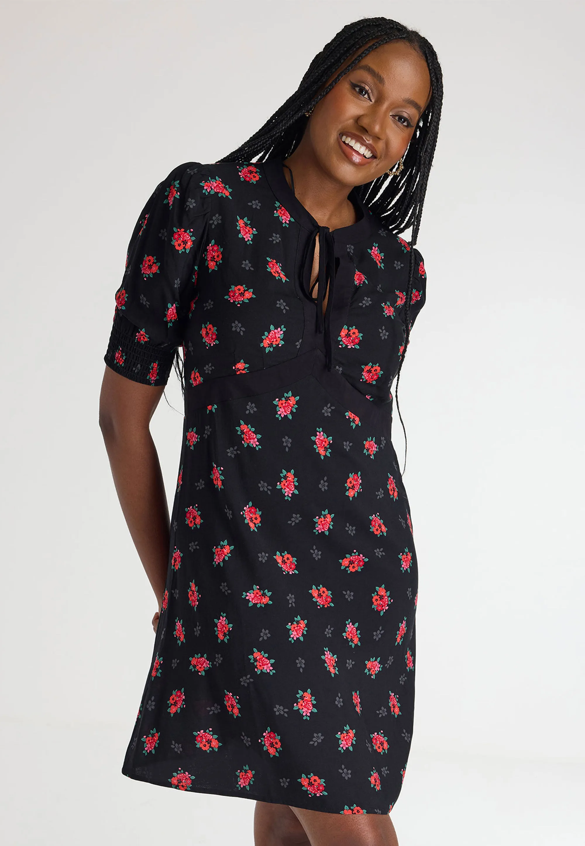 Womens Black Floral Contrast Dress