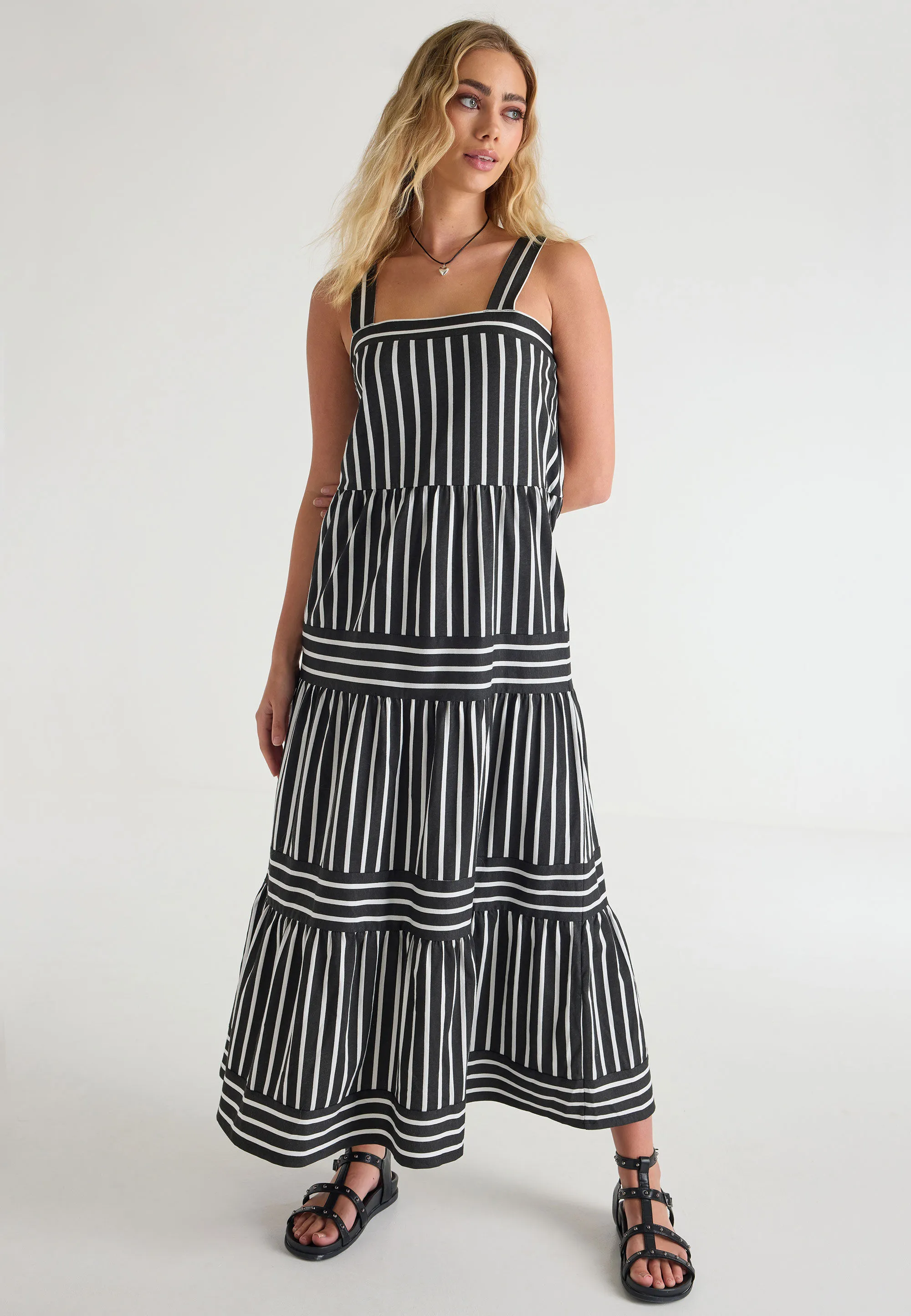 Womens Black Stripe Tiered Maxi Dress