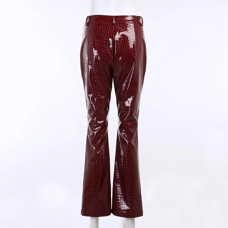 Women's Crocodile Pattern Synthetic Leather Casual High Waist Pants with Zipper