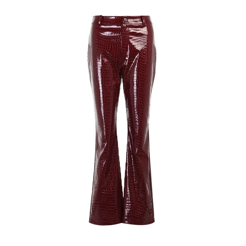 Women's Crocodile Pattern Synthetic Leather Casual High Waist Pants with Zipper