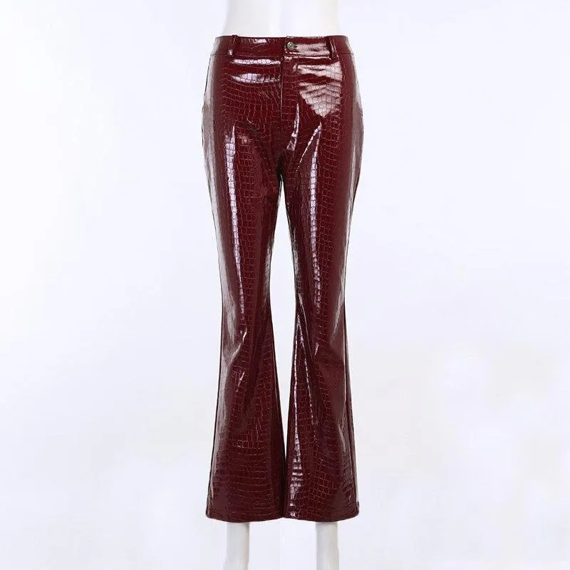 Women's Crocodile Pattern Synthetic Leather Casual High Waist Pants with Zipper