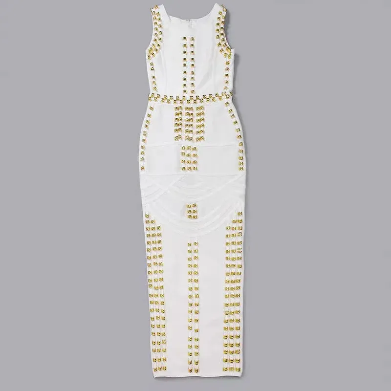 Women's Round Neck Sleeveless Metal Studded Slim Fit Split Bandage Dress