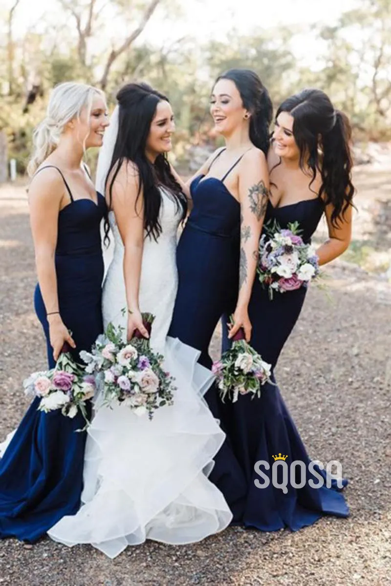 Women's Spaghetti Straps Navy Mermaid Bridesmaid Dress QB2130