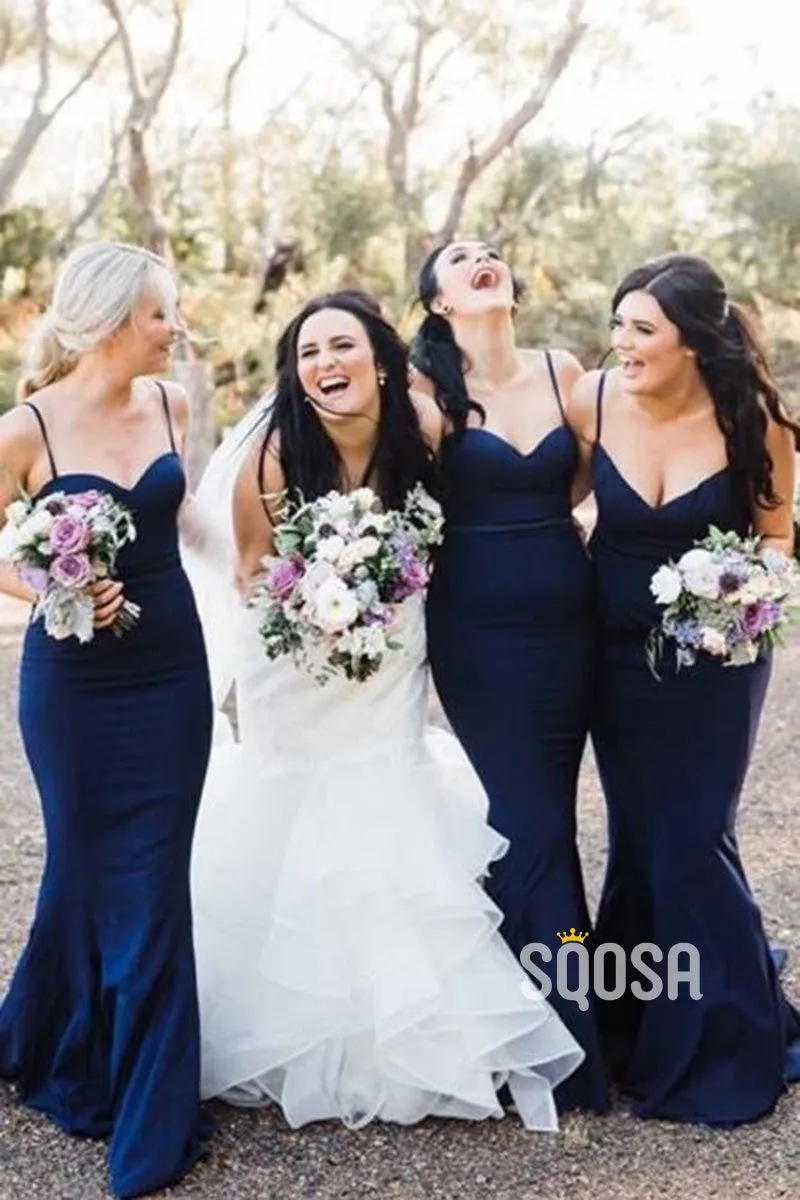 Women's Spaghetti Straps Navy Mermaid Bridesmaid Dress QB2130