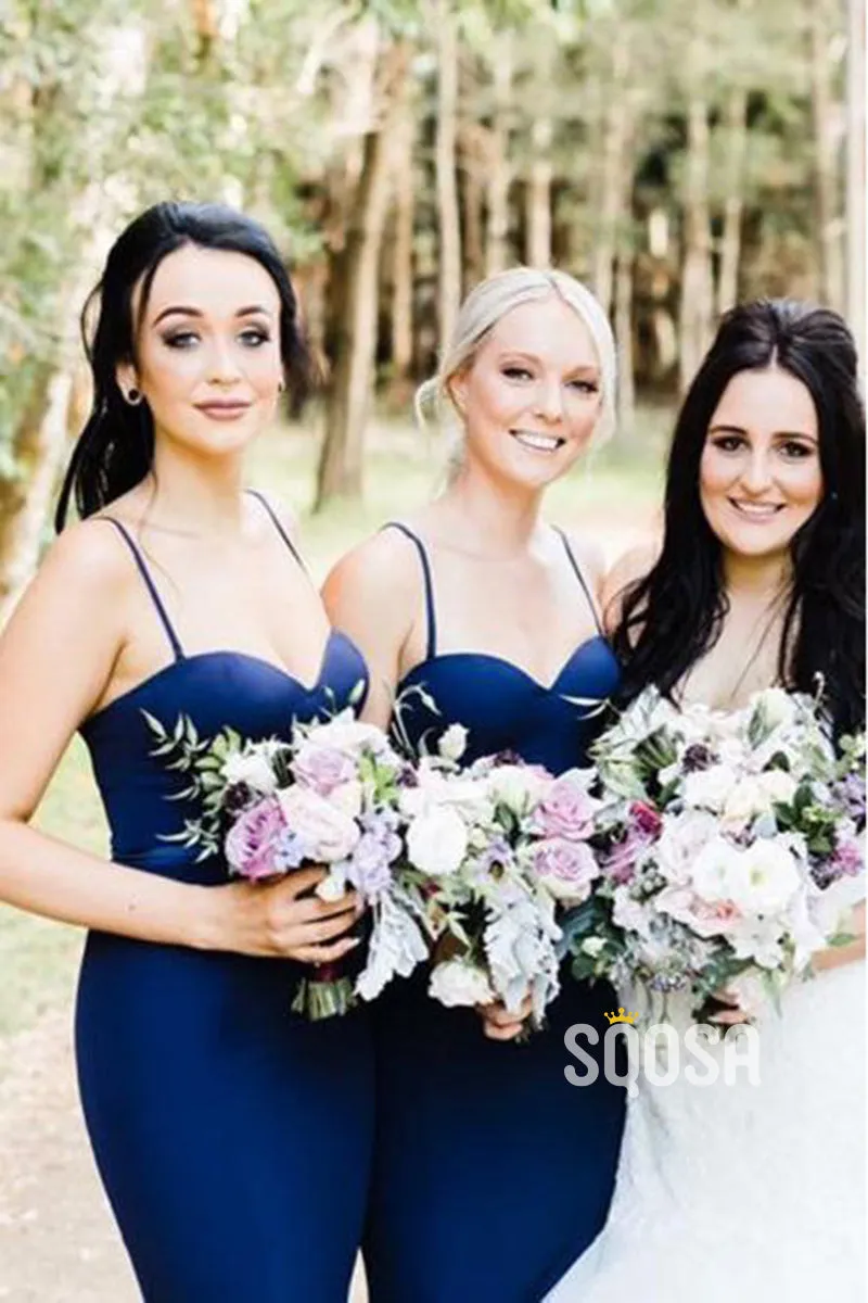 Women's Spaghetti Straps Navy Mermaid Bridesmaid Dress QB2130