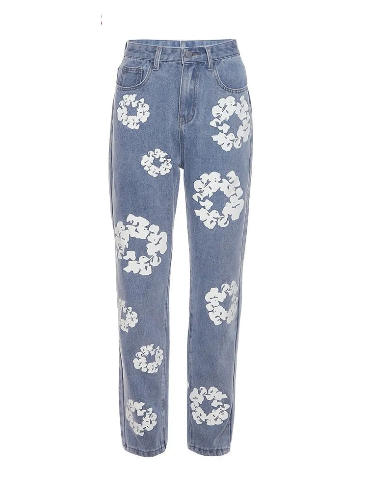 Women's Y2k Flowers Print High Waist Straight Floral Pattern Loose Pants