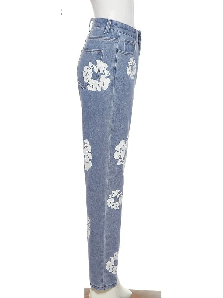 Women's Y2k Flowers Print High Waist Straight Floral Pattern Loose Pants