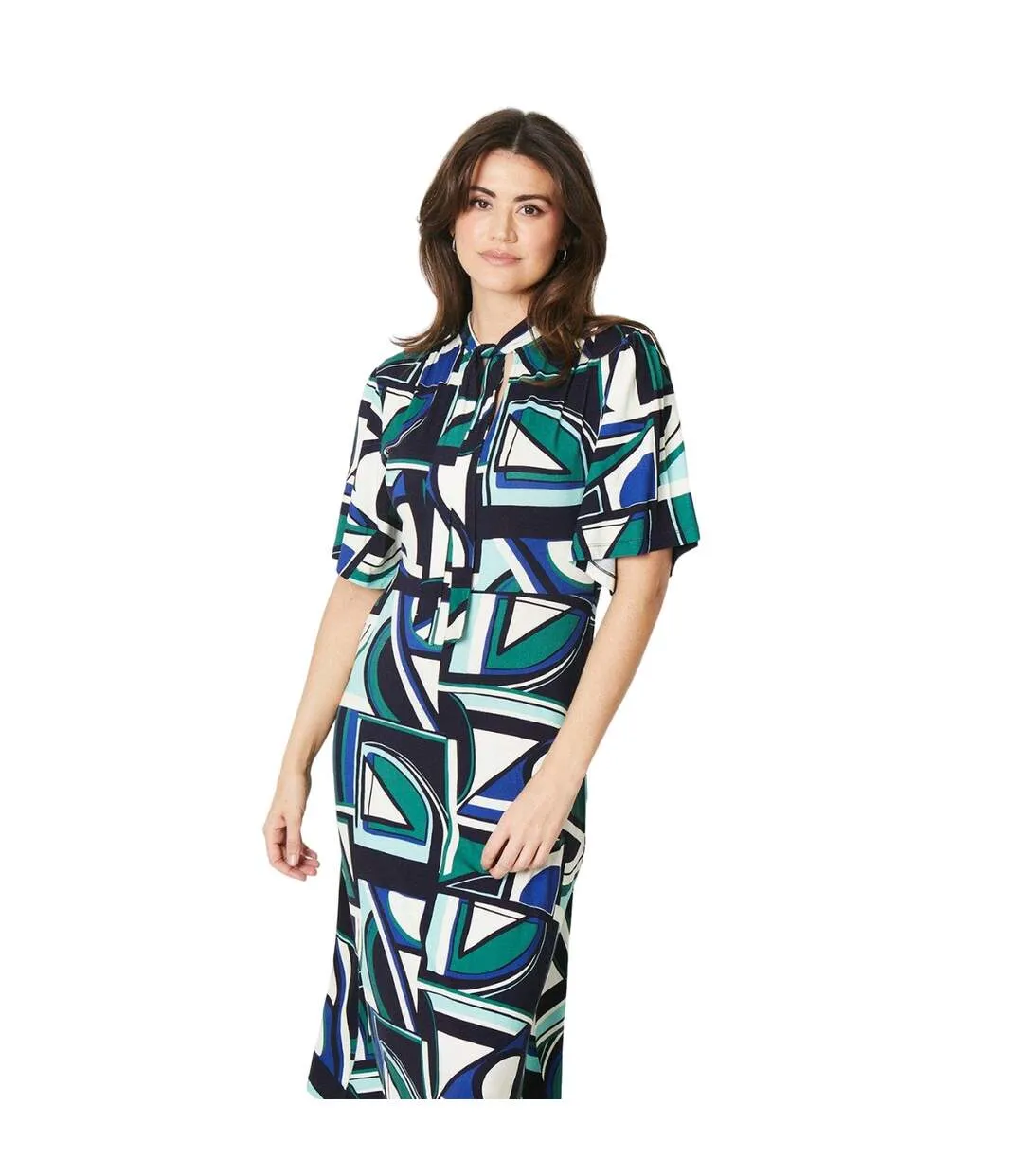 Womens/ladies geometric jersey tie neck midi dress green Principles