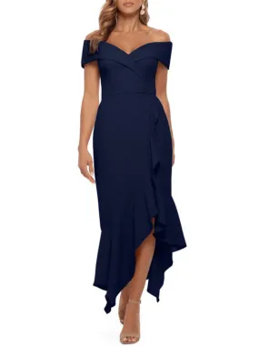 XSCAPE Womens Navy Stretch Zippered Ruffled Asymmetrical Hi-lo Hem Short Sleeve Off Shoulder Maxi Evening Fit + Flare Dress