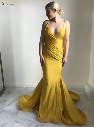 Yellow Backless Spaghetti Straps Bodycon Mermaid Simple Prom Dress Formal Gown