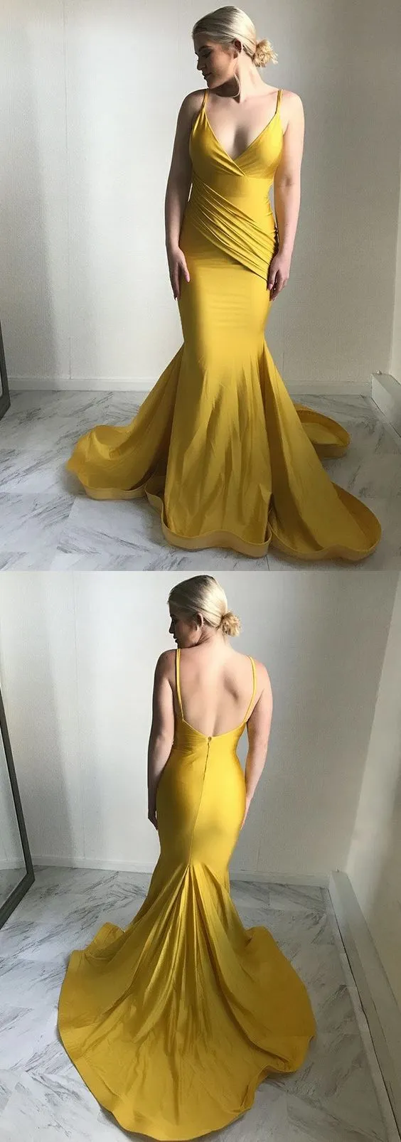 Yellow Backless Spaghetti Straps Bodycon Mermaid Simple Prom Dress Formal Gown