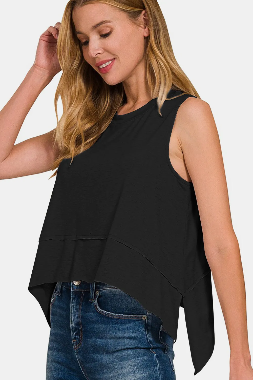 Zenana Airflow Exposed Seam Slit Round Neck Tank